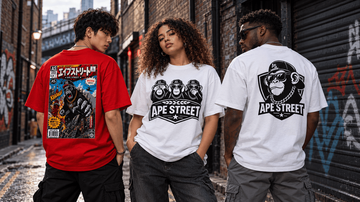 Three models wearing Ape Street Apezilla Comic Book, No Evil and OG Chimp graphic T-shirts in an urban alley.