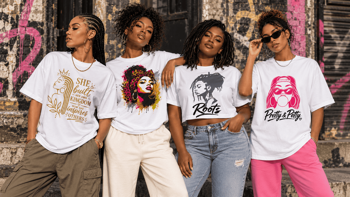 Four women wearing Moda Originals graphic T-shirts in cropped and full-length styles against a graffiti wall.