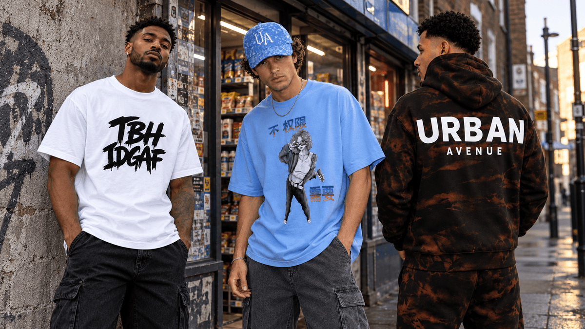 Three models wearing Urban Avenue graphic streetwear, illustrating outfit ideas for Moda & More’s 2027 style forecast.