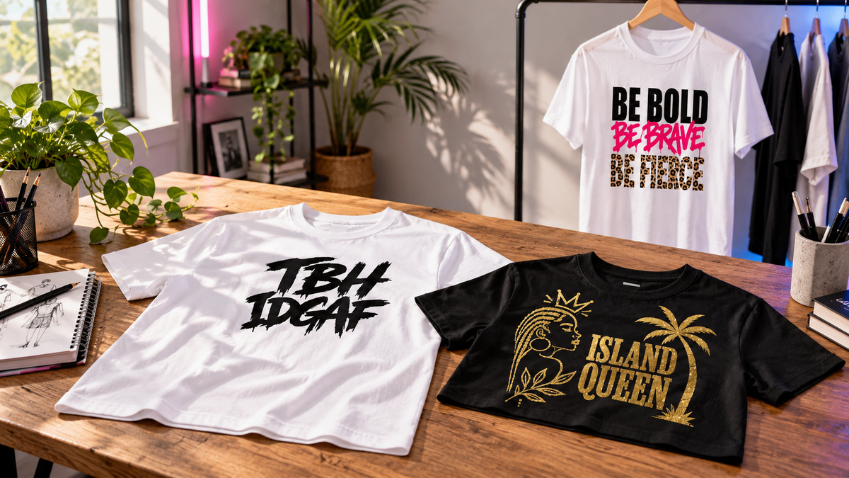 Urban Avenue TBH IDGAF and Moda Originals Island Queen and Be Bold T-shirts displayed in a sunlit creative studio.