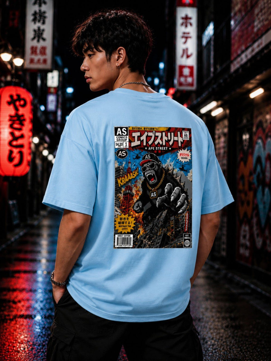 Ape Street Apezilla Comic Book Tee in light blue, model back view.