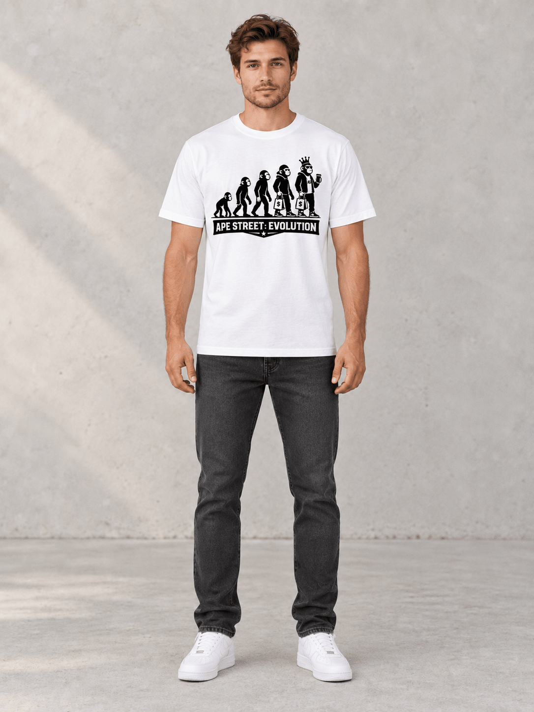 Model wearing the white Ape Street Evolution T-shirt, front view showing the five-ape evolution graphic and APE STREET: EVOLUTION chest print.