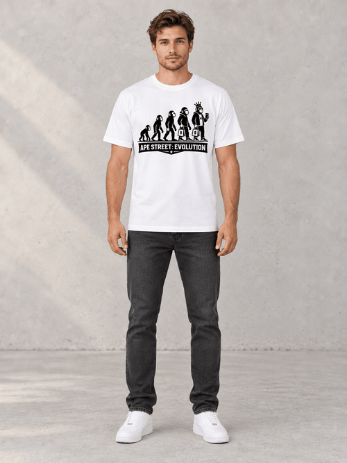 Model wearing the white Ape Street Evolution T-shirt, front view showing the five-ape evolution graphic and APE STREET: EVOLUTION chest print.