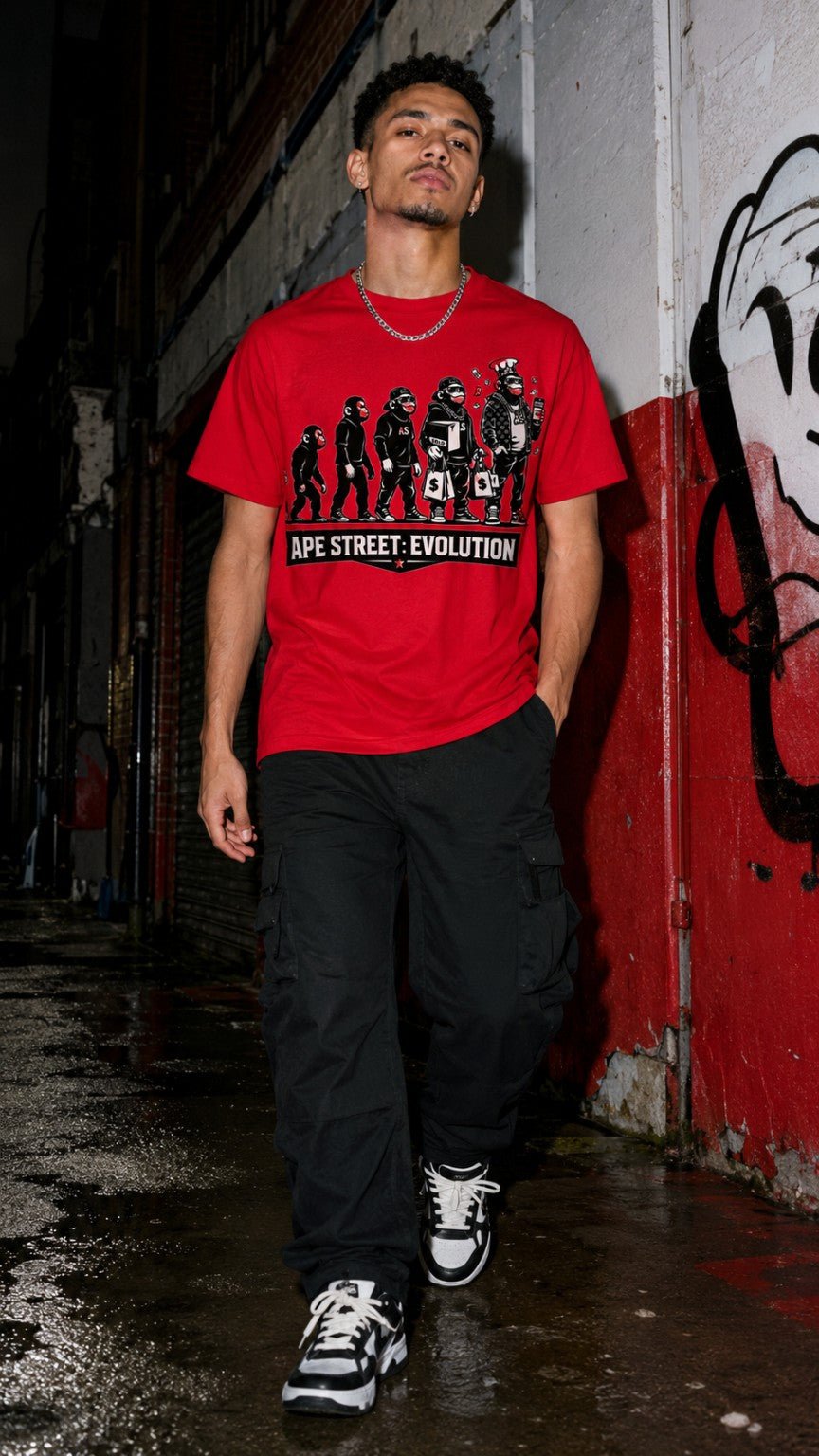 Ape Street Evolution front print T-shirt, red-model view.