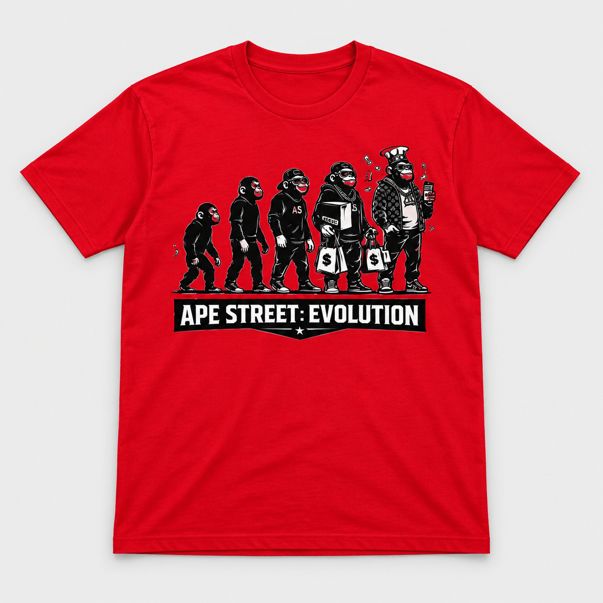 Ape Street Evolution front print T-shirt, red view.