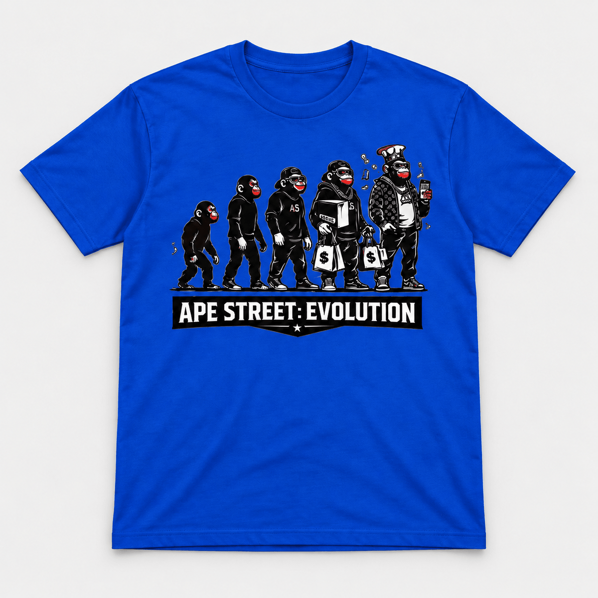 Ape Street Evolution front print T-shirt, royal-blue view.