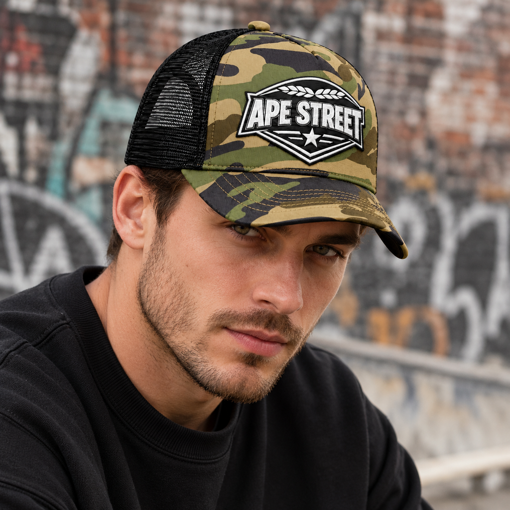 Model wearing the Ape Street green camo trucker cap against a gritty brick background