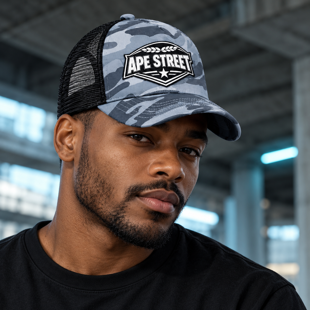 Model wearing the Ape Street grey camo trucker cap in a concrete urban setting