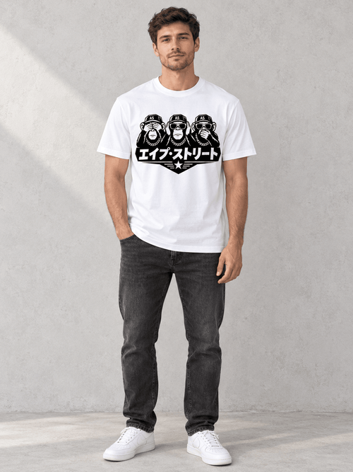 Model wearing Ape Street No Evil Japanese Tee, front view showing the design, against a light concrete backdrop.