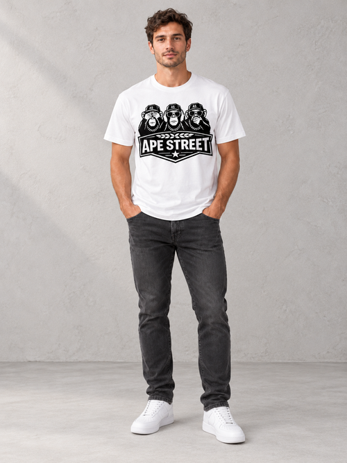 Model wearing Ape Street No Evil Tee, front view showing the design, against a light concrete backdrop.