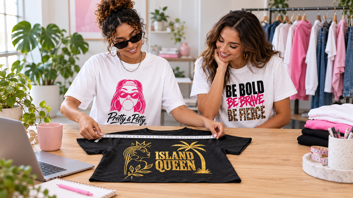 Two women wearing Moda Originals Pretty & Petty and Be Bold tees measure an Island Queen T-shirt at a styling table.