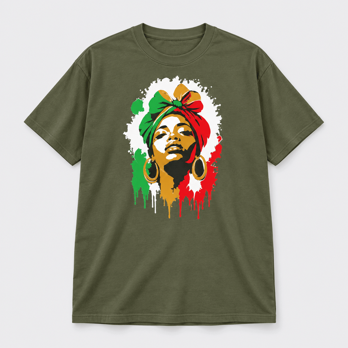Moda Originals Roots & Rhythm full-length T-shirt in Military Green, front view