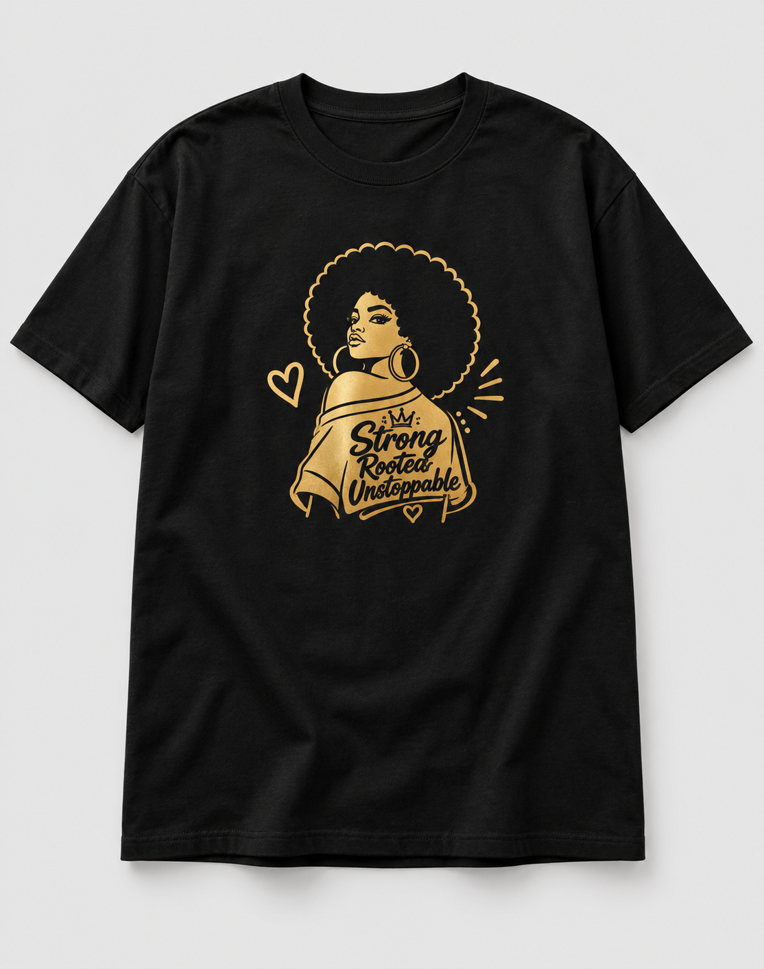 Moda Originals Strong, Rooted & Unstoppable full-length T-shirt in Black, front view