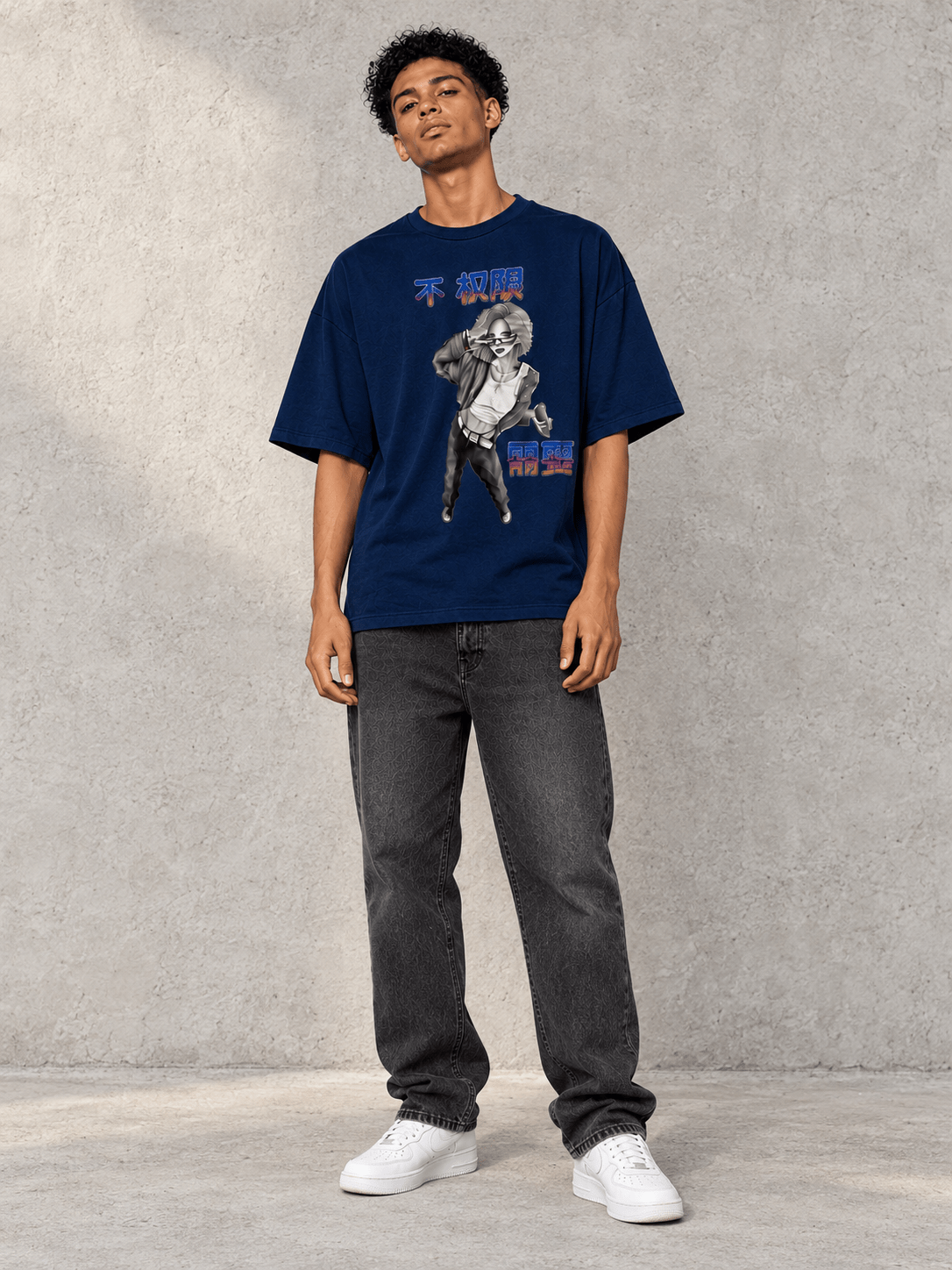 Model wearing Urban Avenue x Boo21Custom No Permission Needed Tee, front view showing the design, against a light concrete backdrop.