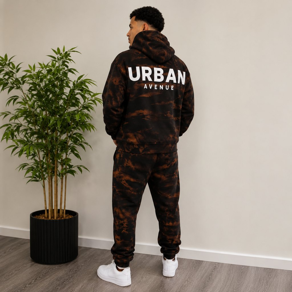 Urban Avenue Bleach Wash Tracksuit – Black/Brown Oversized Hoodie & Joggers Set