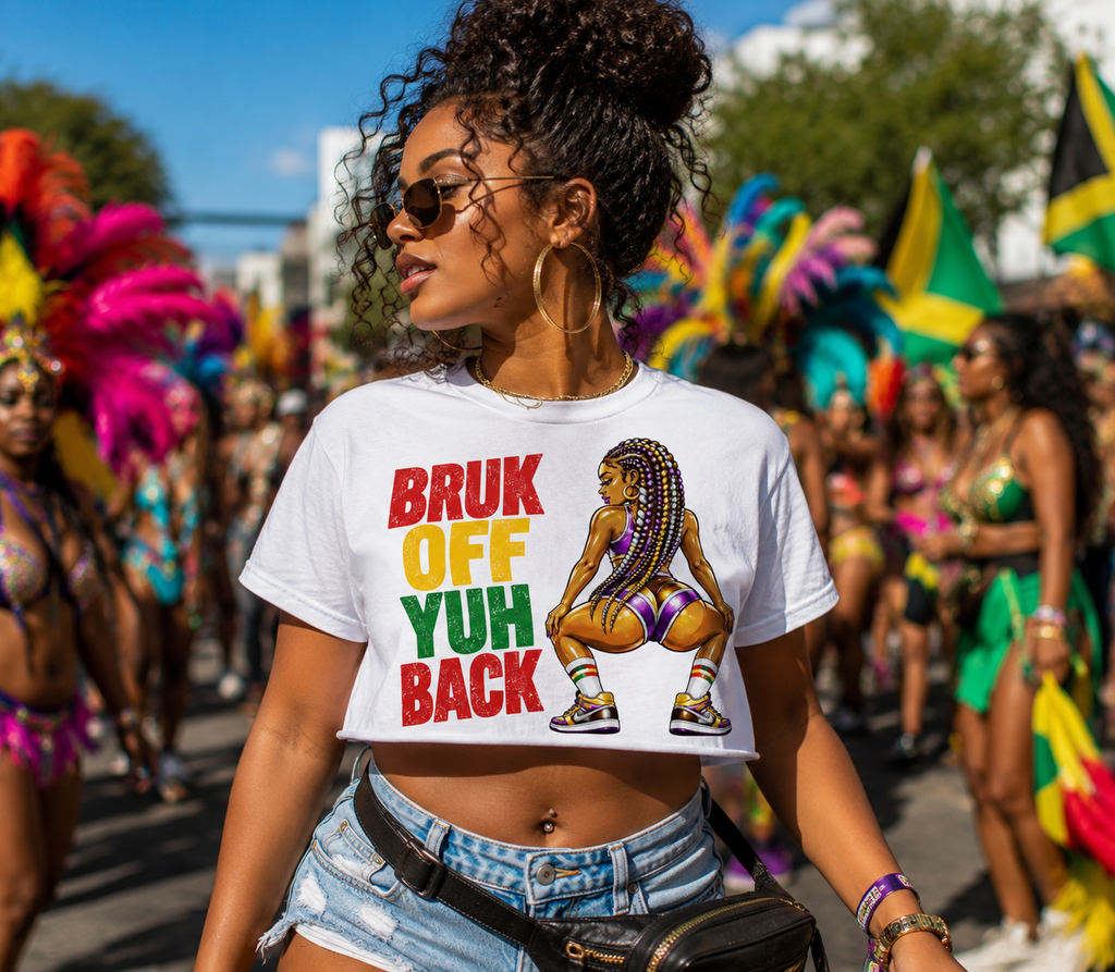 Bruk Off Yuh Back Graphic T-Shirt | Full Size & Cropped Carnival Tee | White