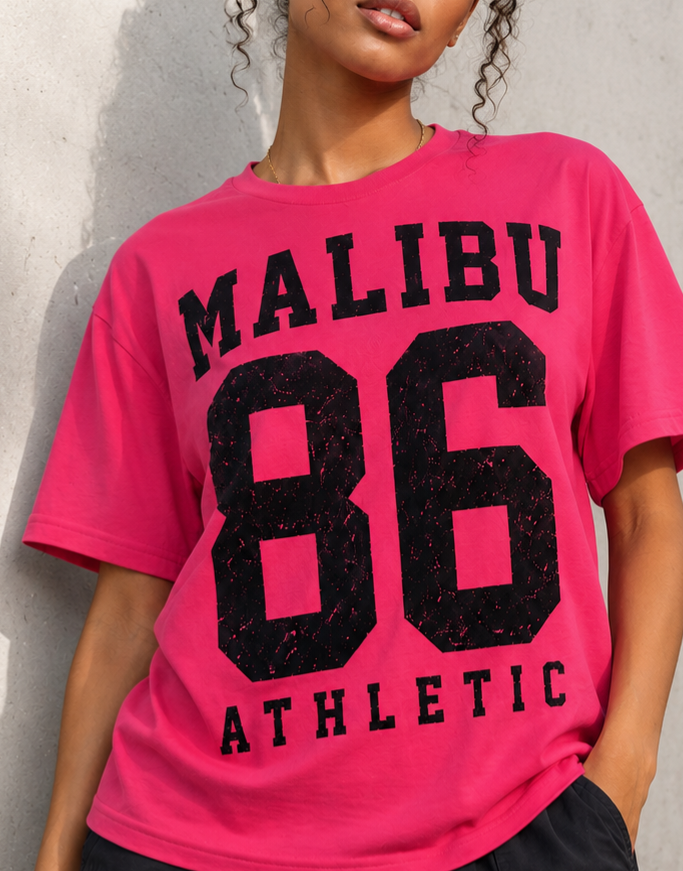 Moda Originals Malibu 86 Athletic Graphic T-Shirt – Pink – Size L