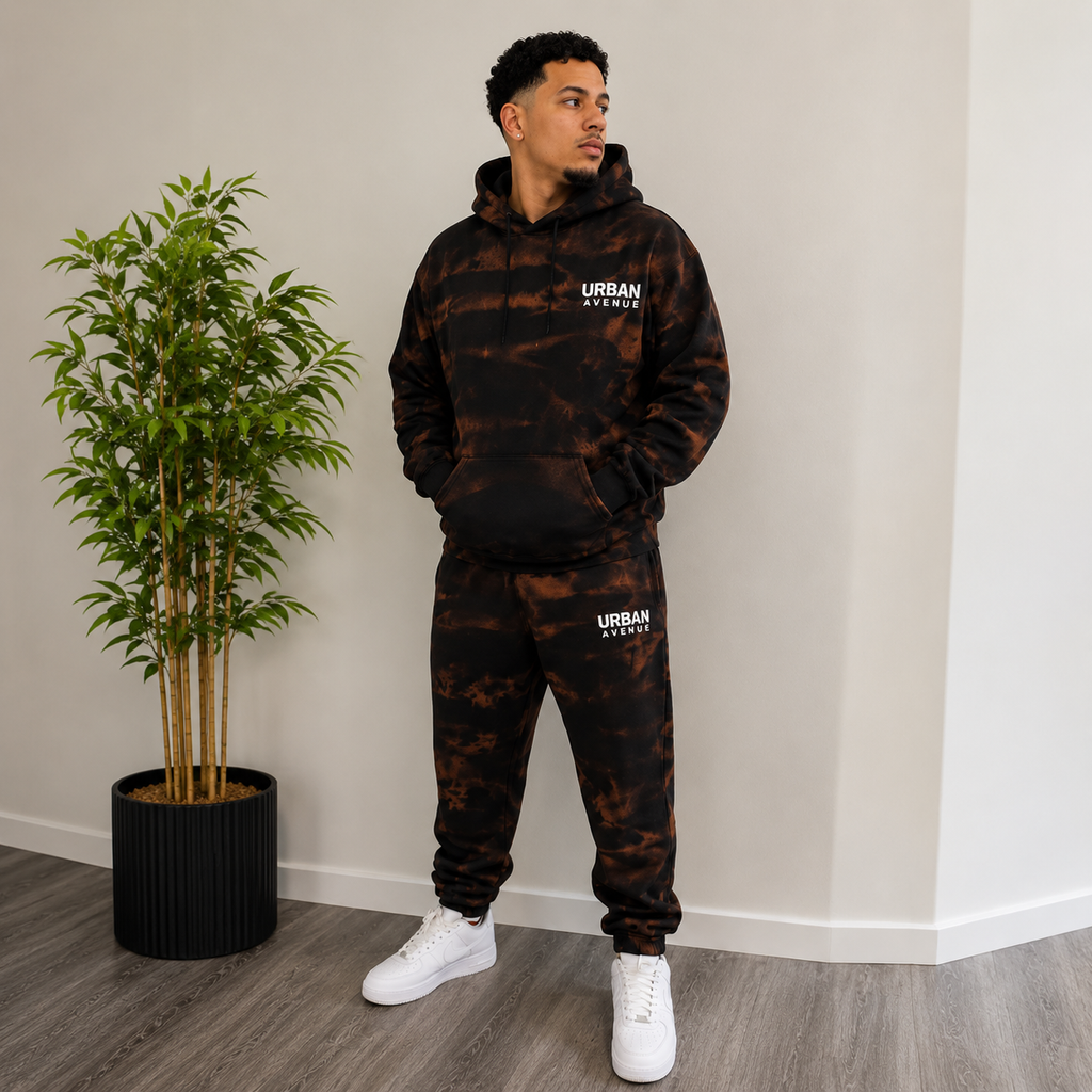 Urban Avenue Bleach Wash Tracksuit – Black/Brown Oversized Hoodie & Joggers Set