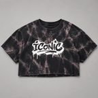 Iconic charcoal bleach tie-dye graphic T-shirt by Moda Originals, available in cropped and full-length fits.