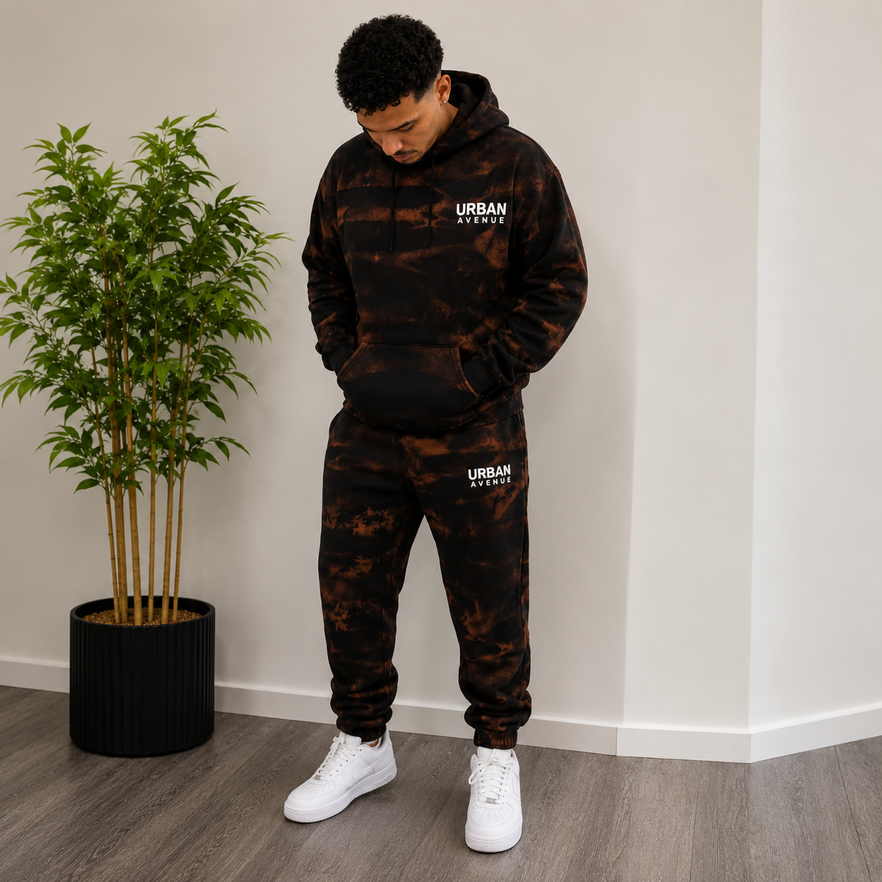 Urban Avenue Bleach Wash Tracksuit – Black/Brown Oversized Hoodie & Joggers Set