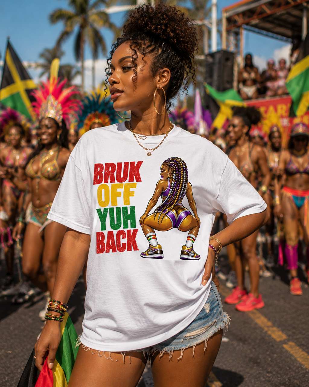 Bruk Off Yuh Back Graphic T-Shirt | Full Size & Cropped Carnival Tee | White