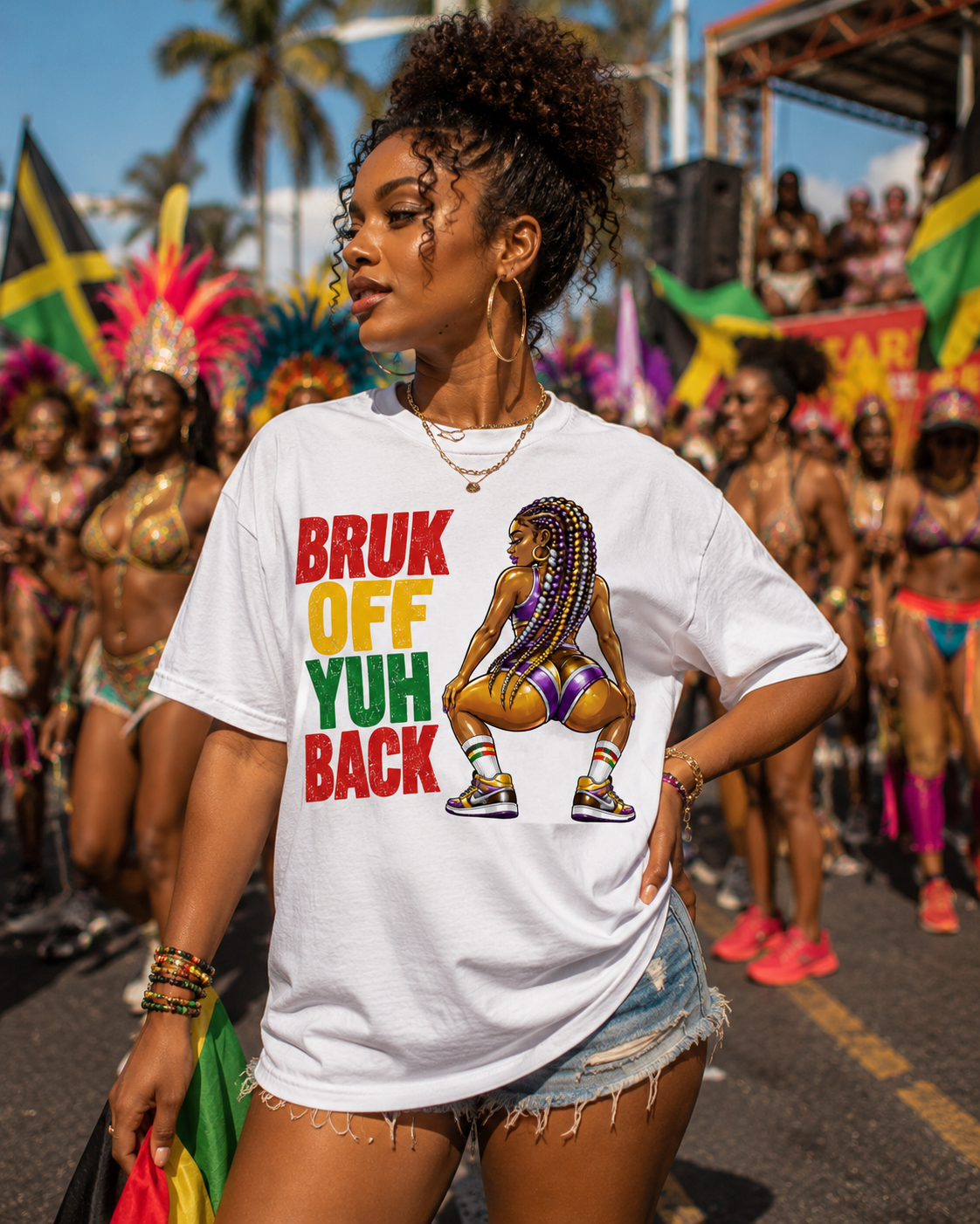 Bruk Off Yuh Back Graphic T-Shirt | Full Size & Cropped Carnival Tee | White