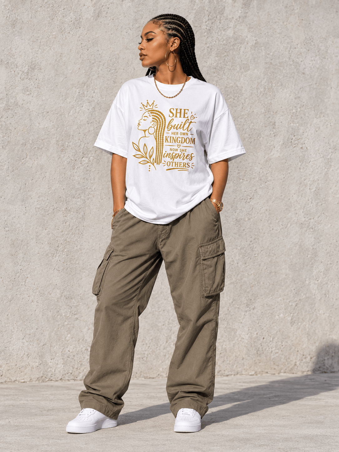 Model wearing She Built Her Own Kingdom Tee, front view showing the design, against a light concrete backdrop.