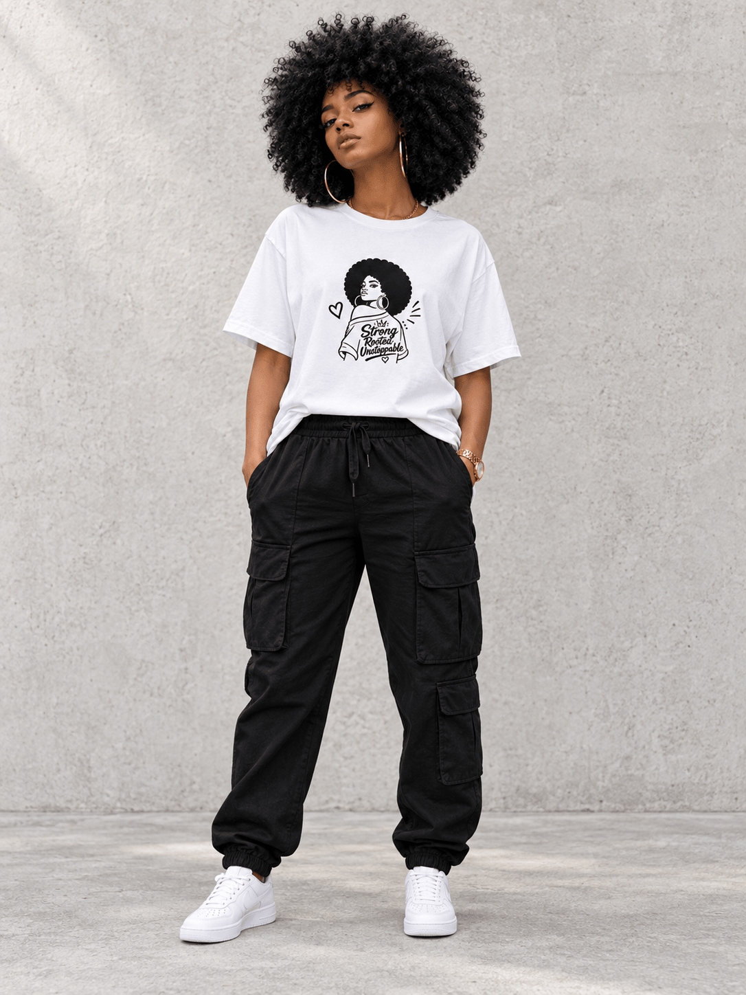 Model wearing Strong, Rooted & Unstoppable Tee, front view showing the design, against a light concrete backdrop.