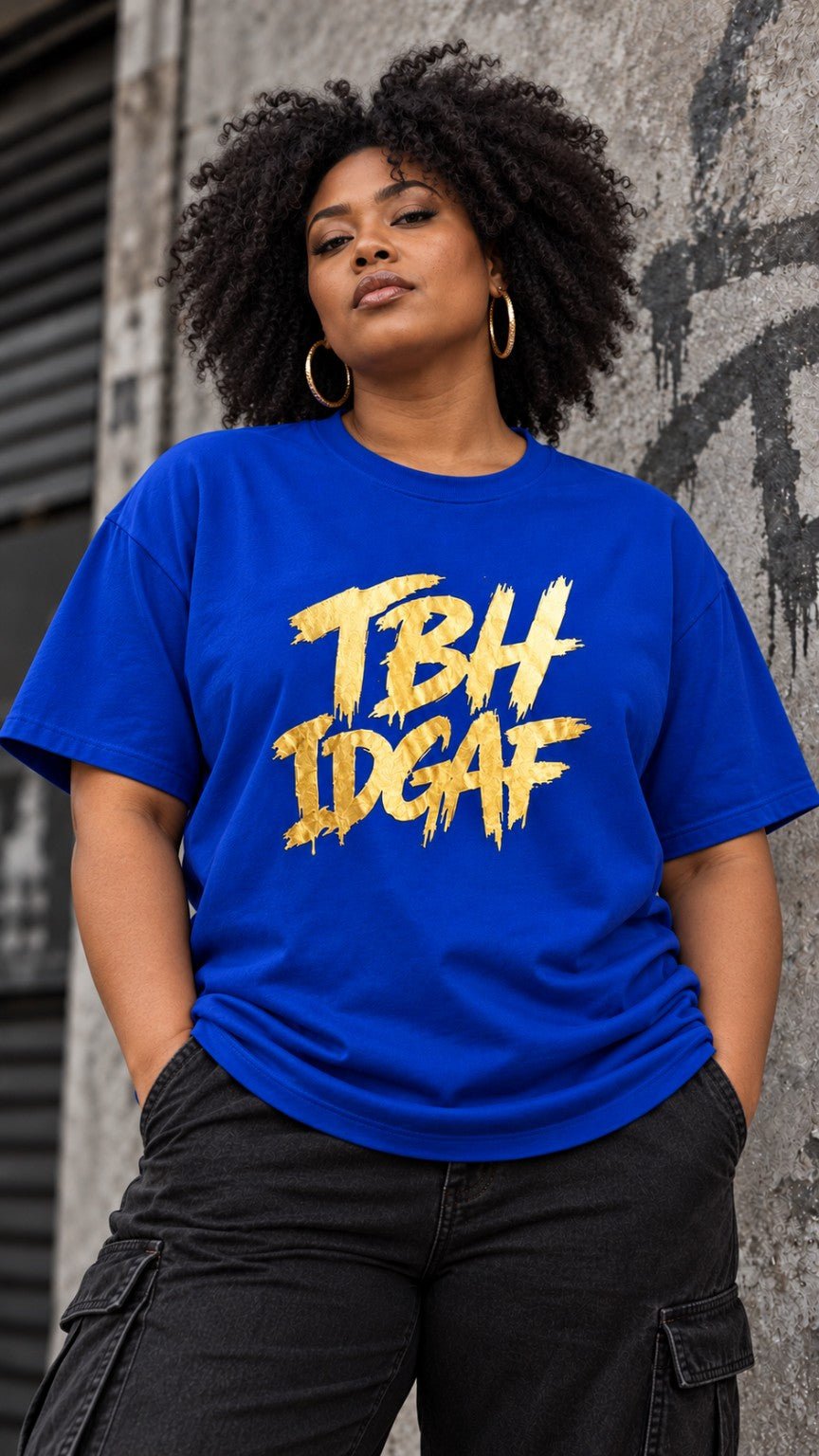 Urban Avenue TBH IDGAF T-shirt in blue with gold print