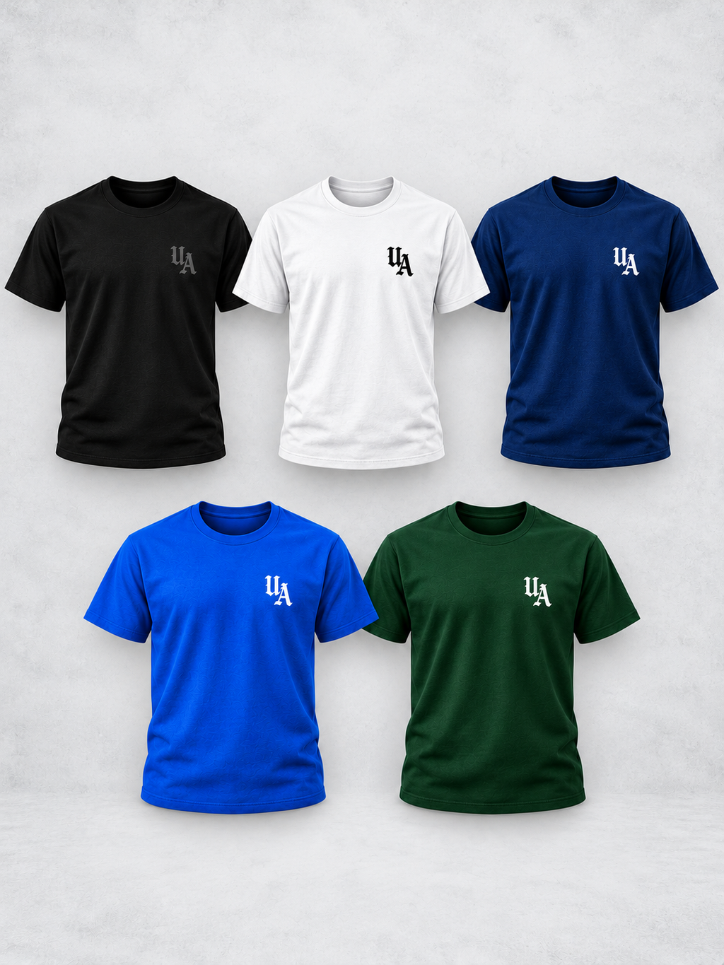 Five Urban Avenue Essentials T-shirts in black, white, navy, royal blue and forest green