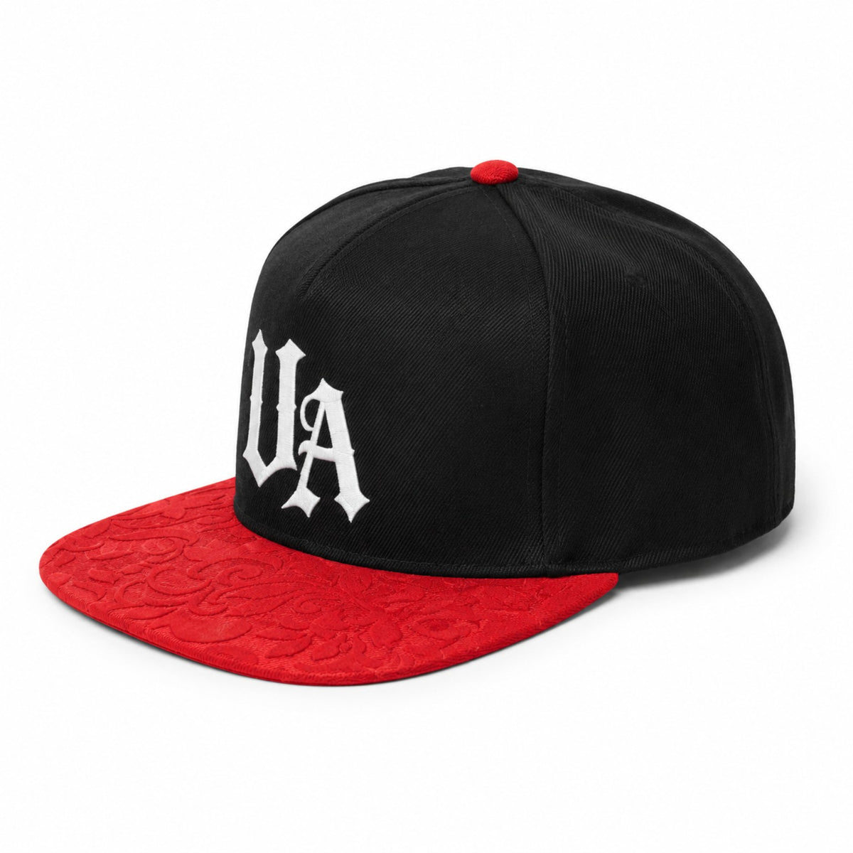 Urban Avenue black and red UA cap, side view.