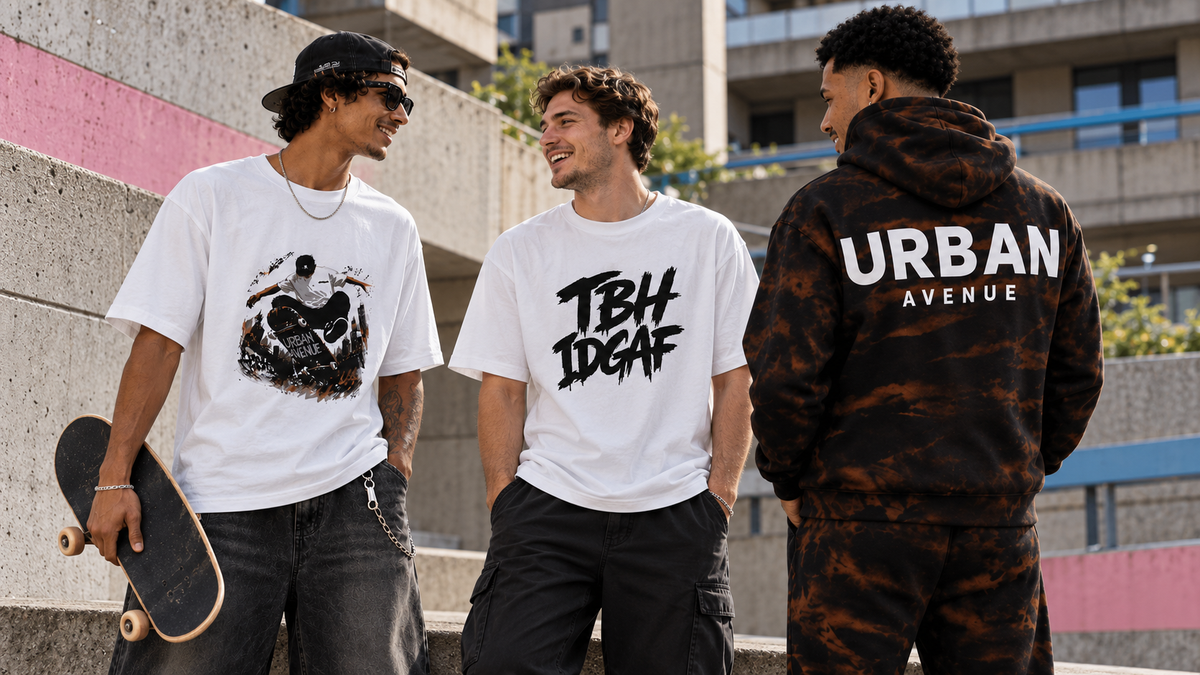 Three friends wearing Urban Avenue Board Control and TBH IDGAF graphic tees and a bleach-wash tracksuit in an urban courtyard.