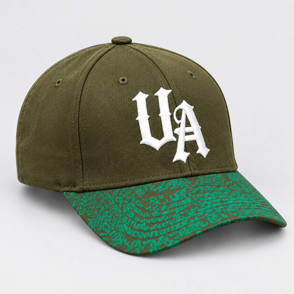Urban Avenue khaki and green baseball cap, angle product view on light grey background.