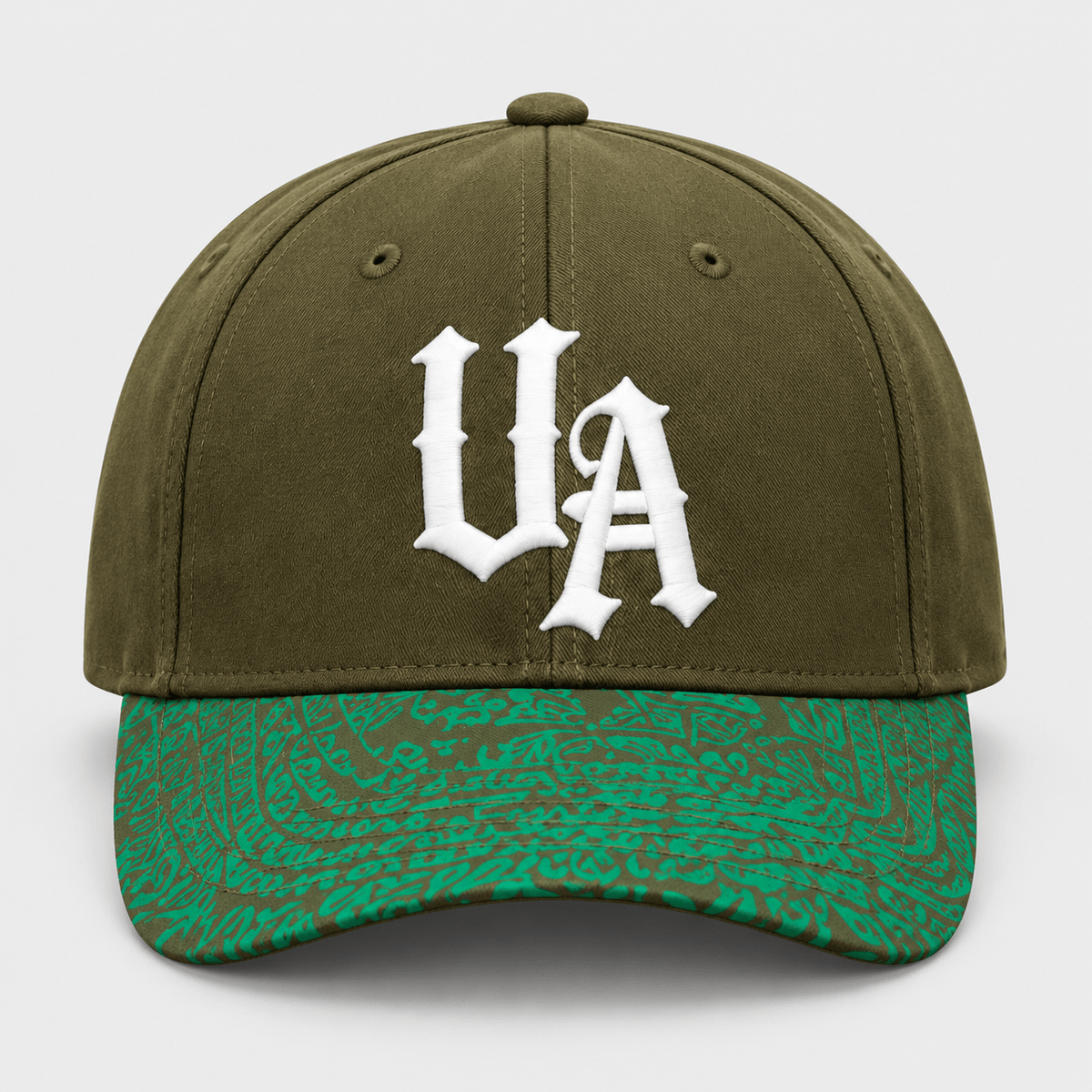Urban Avenue khaki and green baseball cap, front product view on light grey background.
