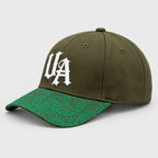 Urban Avenue khaki and green baseball cap, side product view on light grey background.