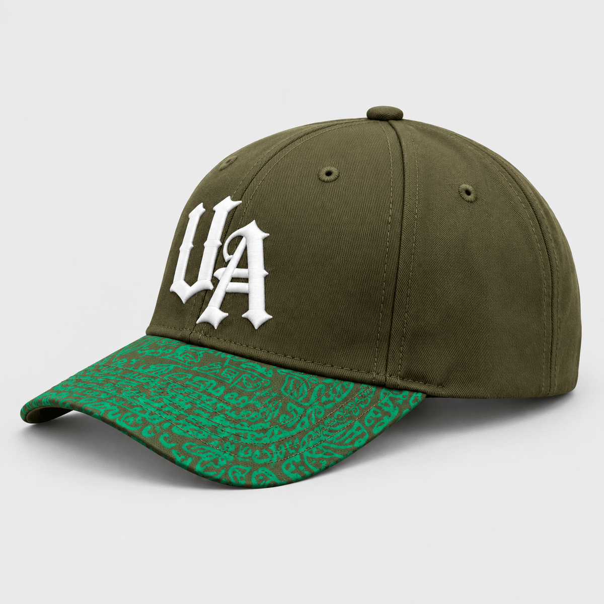 Urban Avenue khaki and green baseball cap, side product view on light grey background.