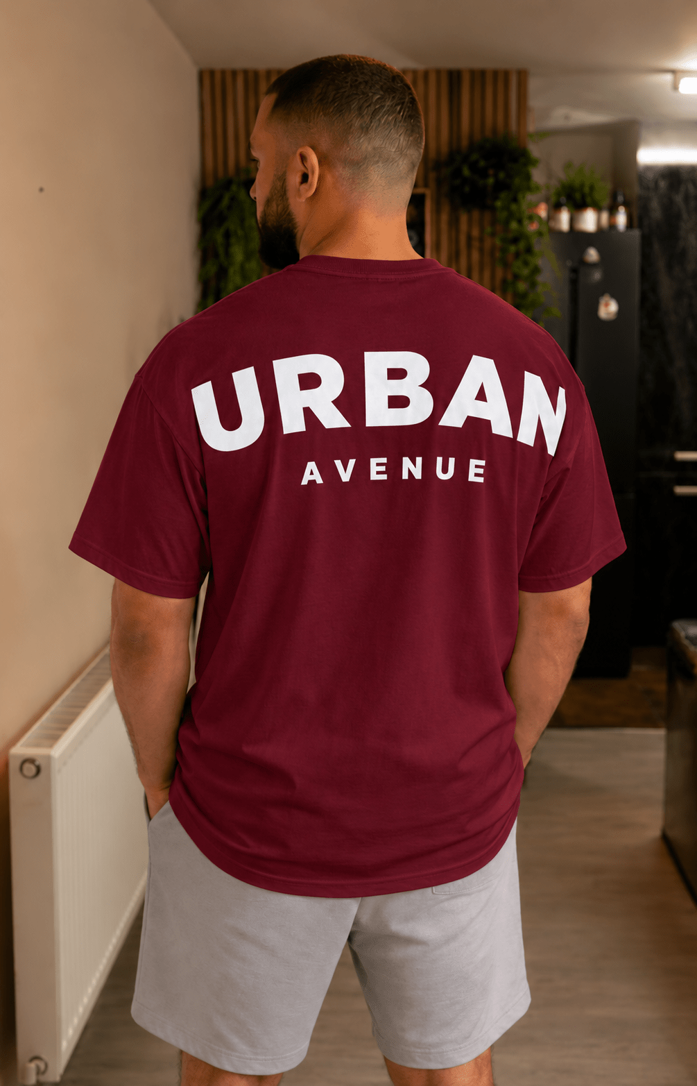 Urban Avenue shoulder print T-shirt in maroon, back view