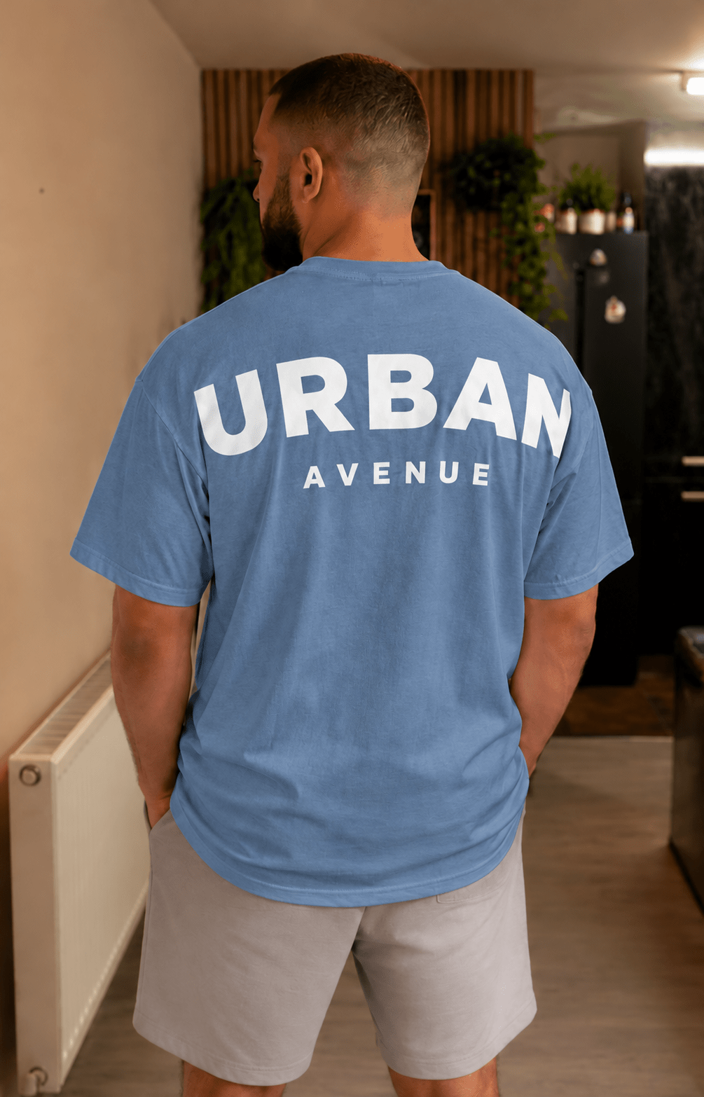 Urban Avenue shoulder print T-shirt in stone blue, back view