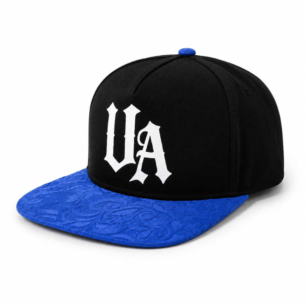 Urban Avenue UA Logo Snapback in black and blue, angled front view.