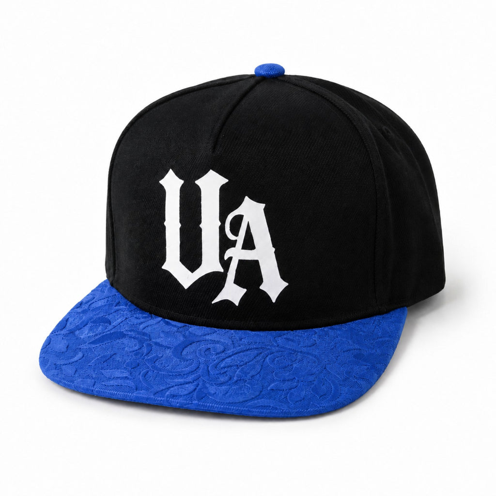 Urban Avenue UA Logo Snapback in black and blue, front view.